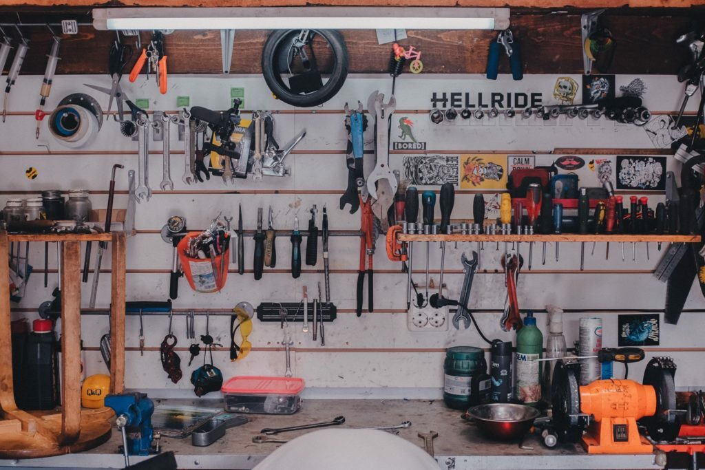 a room with various tools