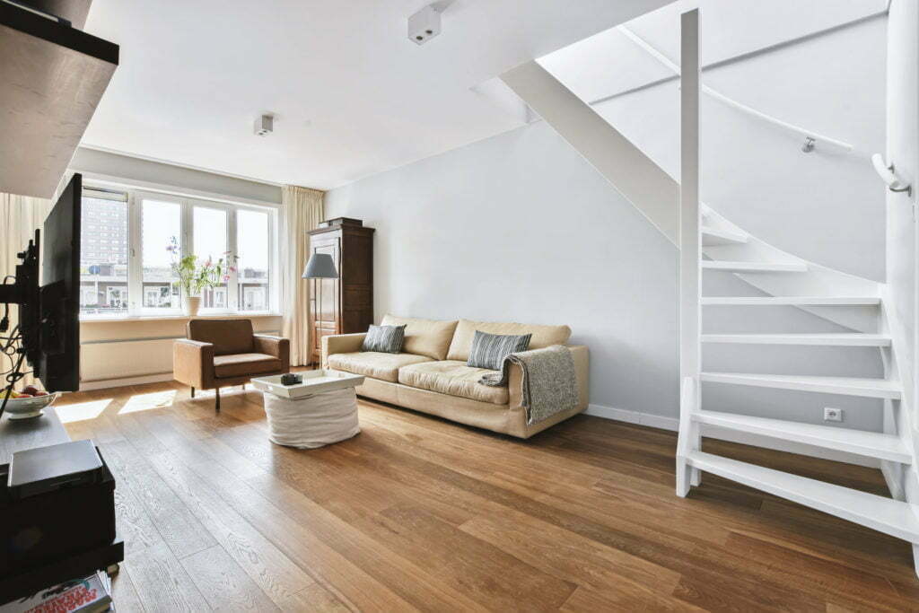 a living room with a wood floor