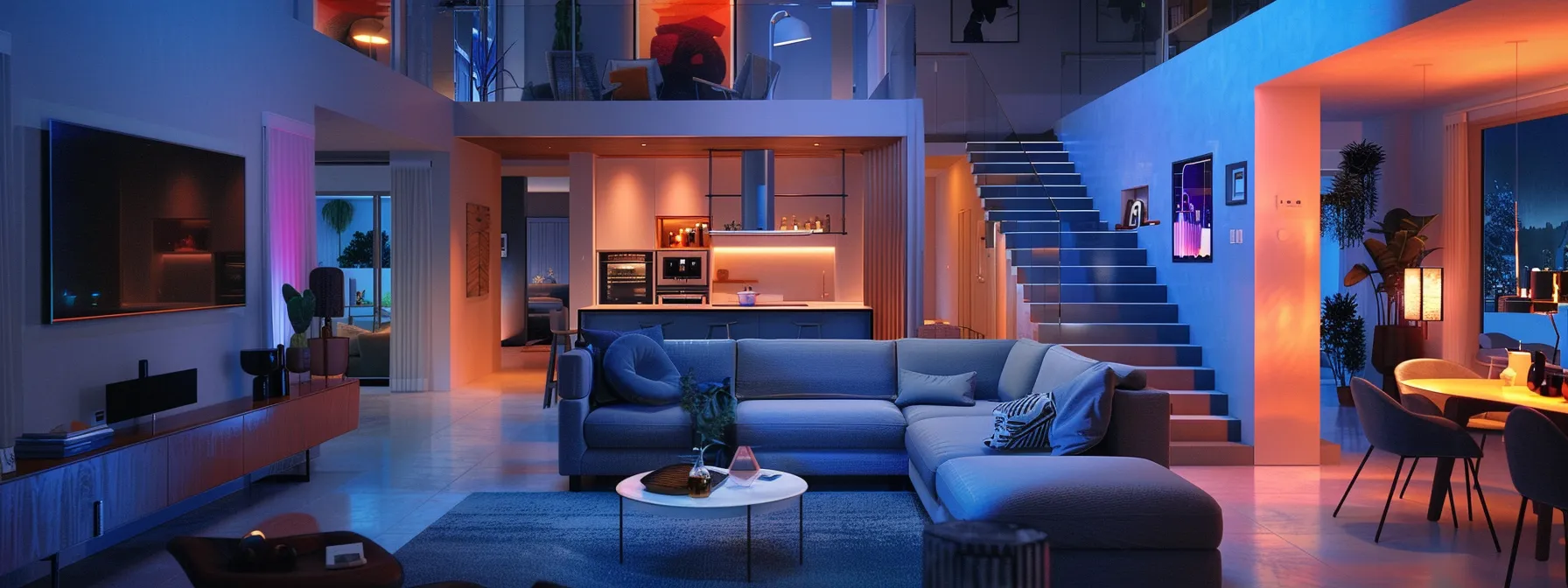 transforming an outdated living room into a sleek, modern smart home hub with voice-activated lighting, climate control, and security systems.