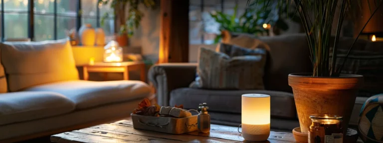 a vintage, cozy living room with a modern voice-activated smart home hub seamlessly blending in on a rustic wooden side table.