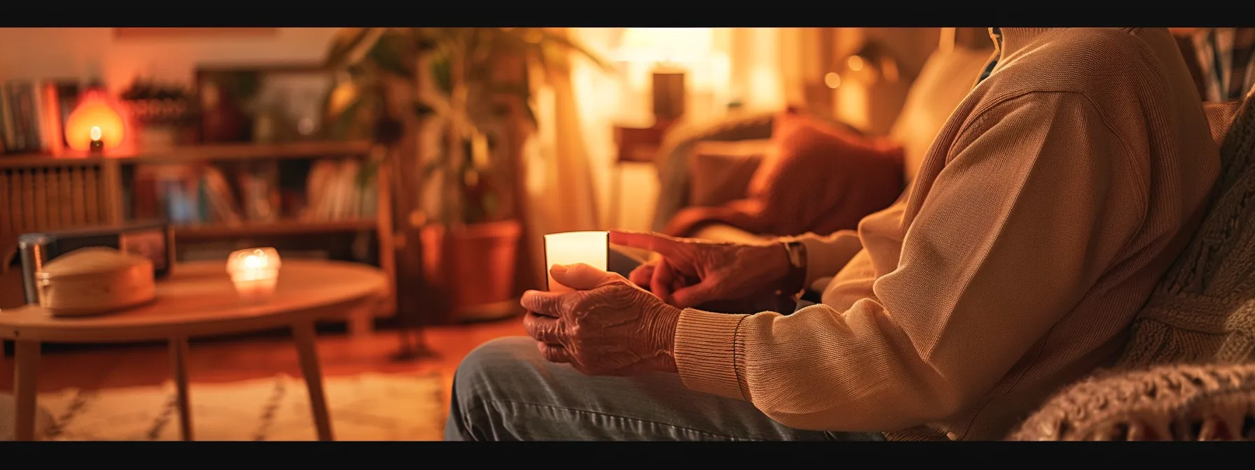 in a cozy living room, an older person activates a panic button on their smart home system, surrounded by seamless automation features and security devices.