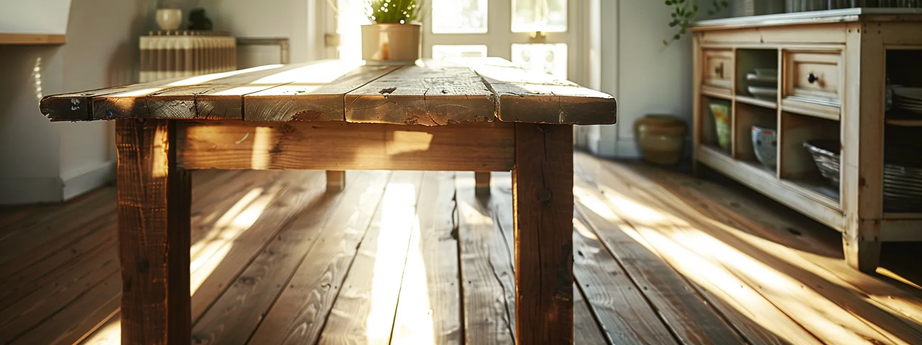 a sleek, modern dining table made from reclaimed wood sits elegantly in a sunlit room, showcasing the beauty and eco-friendly benefits of choosing sustainable materials for your furniture.