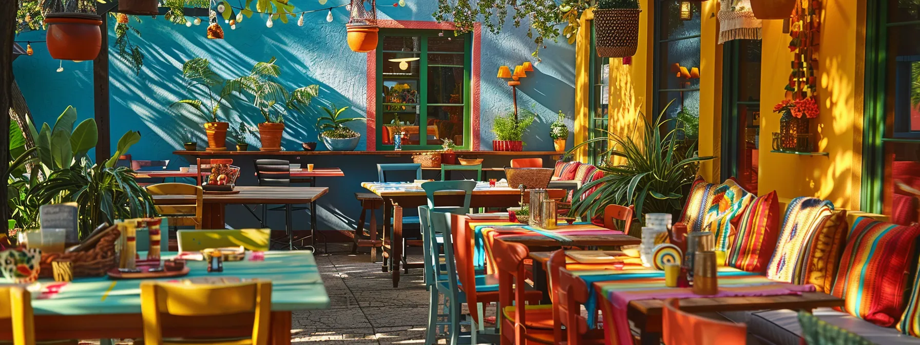 a colorful outdoor patio with vibrant mexican decor and delicious dishes being served at esperanza cocina de la playa.