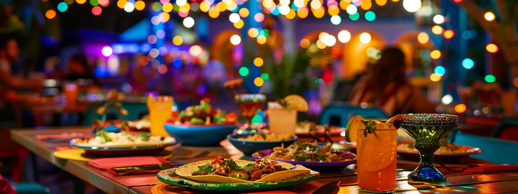 vibrant, colorful table spread with traditional mexican dishes under the warm glow of string lights at alki beach's esperanz.