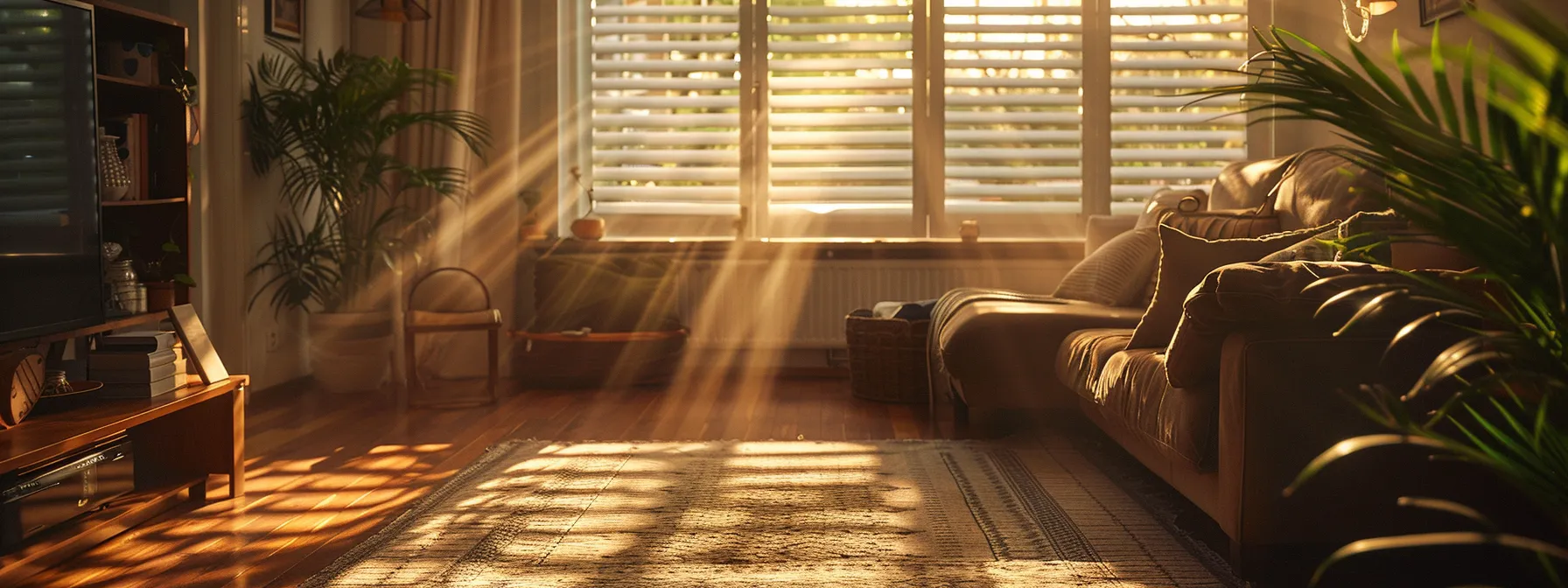 a cozy living room flooded with natural light through energy-efficient windows, showcasing a peaceful and comfortable indoor environment.