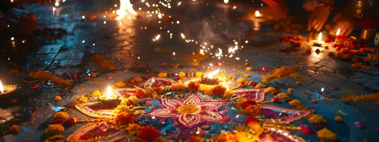 a vibrant diwali celebration with colorful rangoli designs, flickering diyas, and festive decorations.