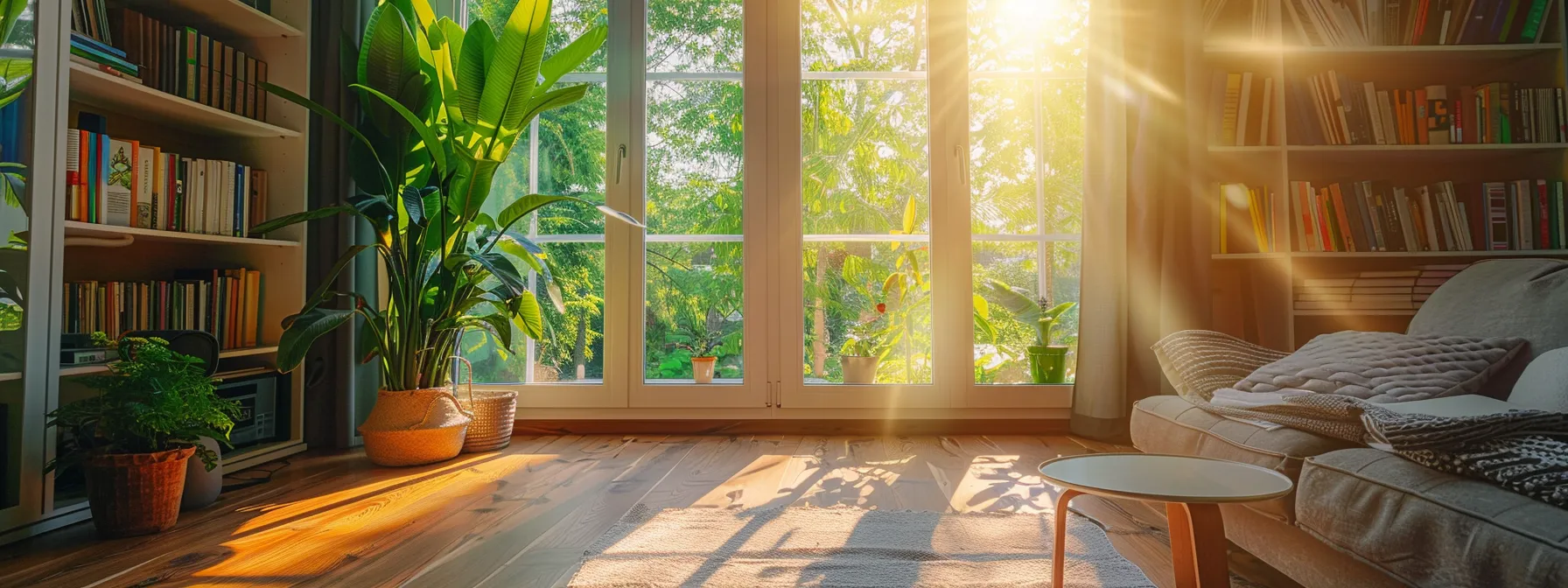 a modern, bright living room with sunlight streaming through energy efficient windows, showcasing a cozy reading nook with a green plant.