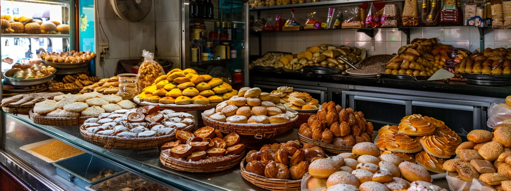 a traditional indian bakery bustling with colorful sweets and aromatic spices.