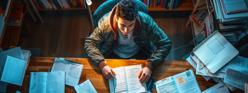 a focused student surrounded by a variety of study materials, diligently working on a personalized study plan for success.