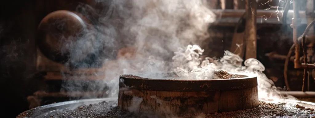 a barrel roaster releasing rich, fragrant smoke as cocoa beans develop complex aromas.