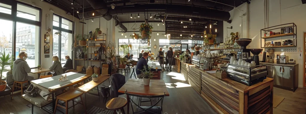 a bustling coffee shop adorned with community-centric decor, busy with customers enjoying local collaborations and engaging with social media promotions.