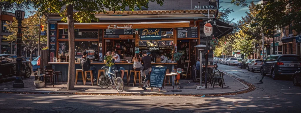 a bustling coffee shop with a prominent sign in a vibrant local neighborhood, surrounded by bustling streets and engaged customers sipping drinks.