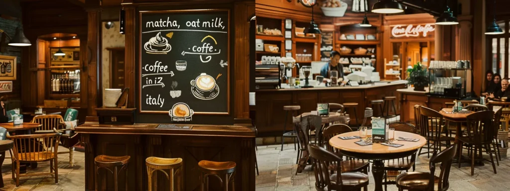 a bustling coffee shop with a chalkboard sign advertising