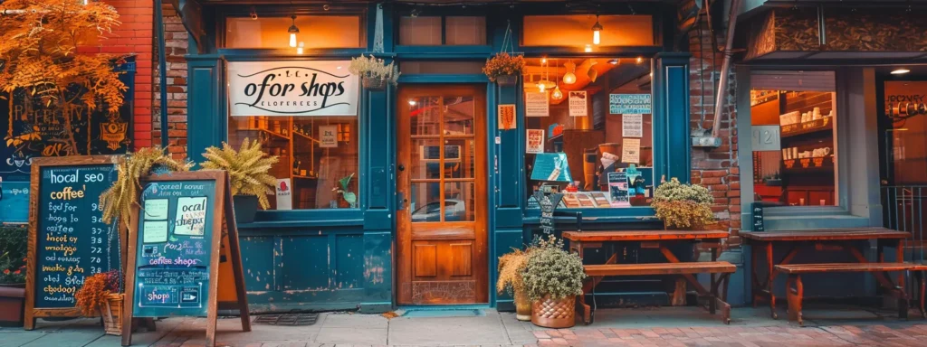 a charming coffee shop nestled in a cozy neighborhood, with a vibrant sign that reads "local seo for coffee shops" hanging above the entrance.