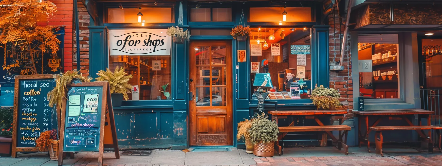 a charming coffee shop nestled in a cozy neighborhood, with a vibrant sign that reads "local seo for coffee shops" hanging above the entrance.