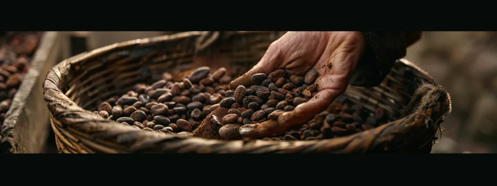 a close-up shot of a hand selecting rich, vibrant cocoa beans from a wooden basket, showcasing the foundation of quality chocolate production.