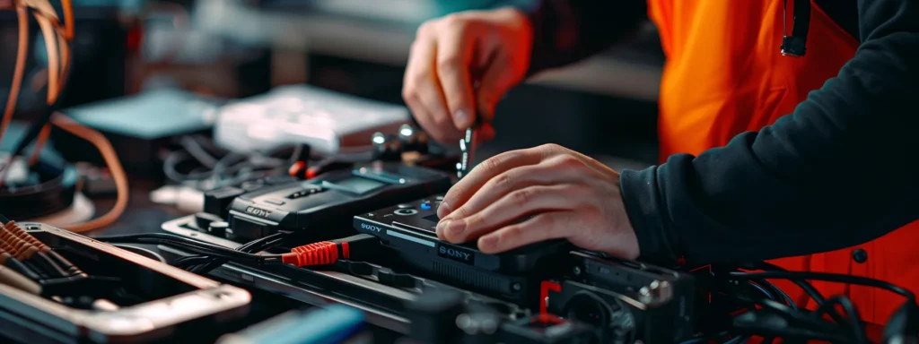 a close-up of a person examining a battery powered dash cam, surrounded by various charging cables and troubleshooting tools.