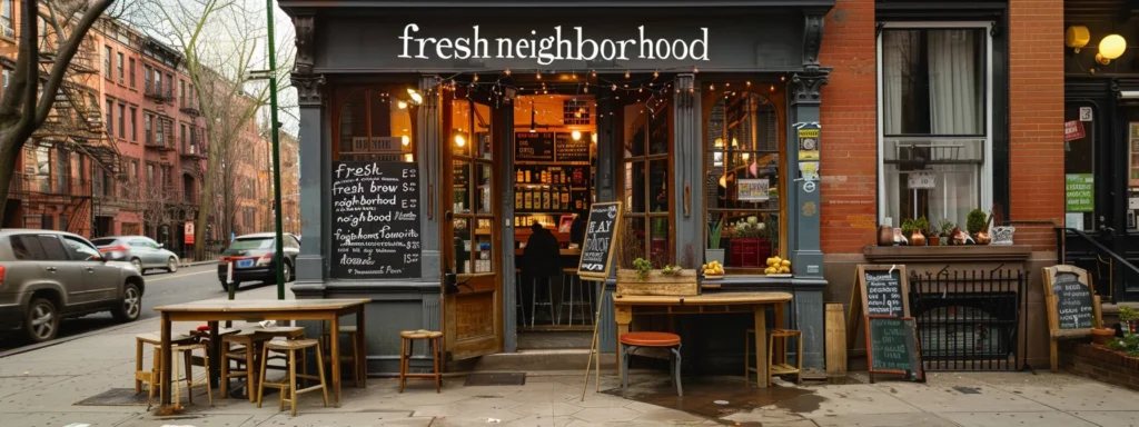 a cozy coffee shop with a chalkboard sign featuring local keywords like