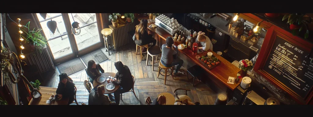 a cozy coffee shop with glowing reviews displayed on a chalkboard menu, surrounded by happy customers enjoying their drinks.