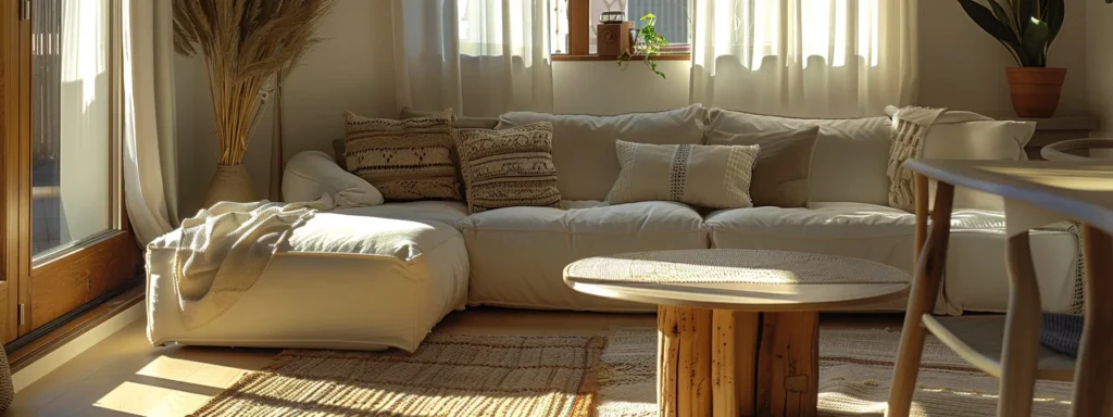 a cozy living room featuring organic cotton upholstery, hemp curtains, and linen bedding in earthy tones, creating a sustainable and healthy indoor environment.