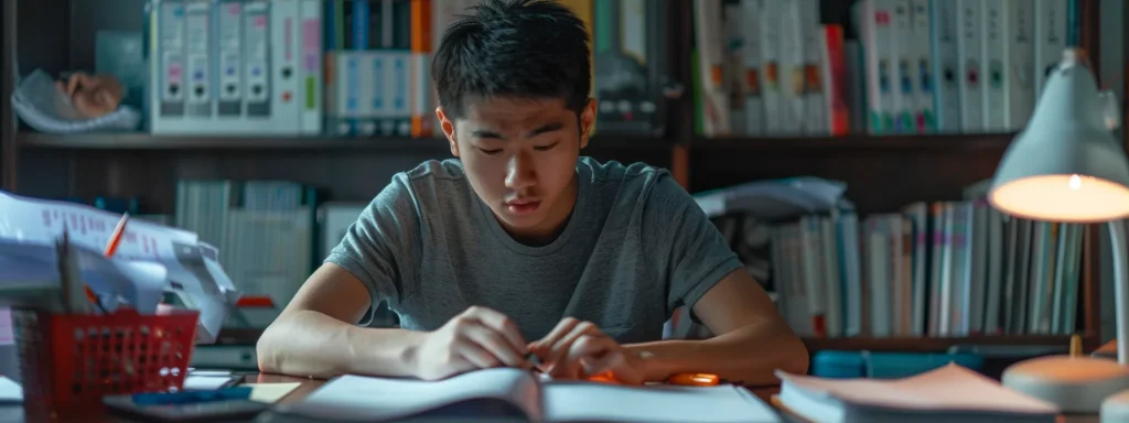 a focused student confidently tackling a mock exam, surrounded by various test-taking materials and a timer, showcasing effective test-taking strategies in action.