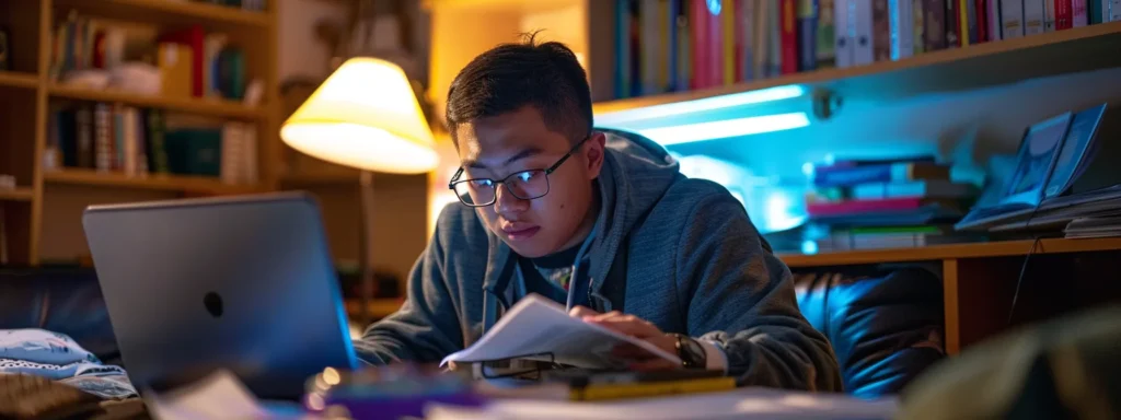 a focused student studying diligently with english textbooks, notes, and a laptop open in front of them in a well-organized and brightly lit study space to prepare for test 0014.