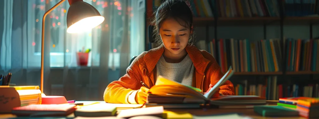 a focused student surrounded by colorful study materials and a bright desk lamp, mastering their test preparation.