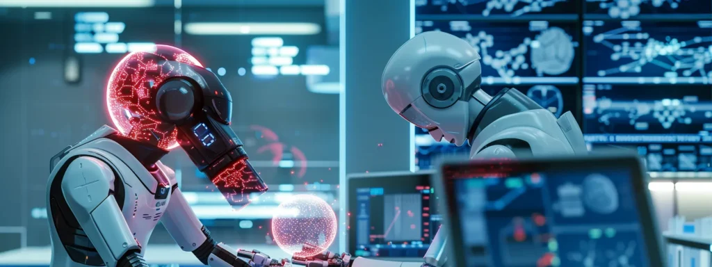 a futuristic robot working in a high-tech laboratory, surrounded by glowing screens and advanced machinery.