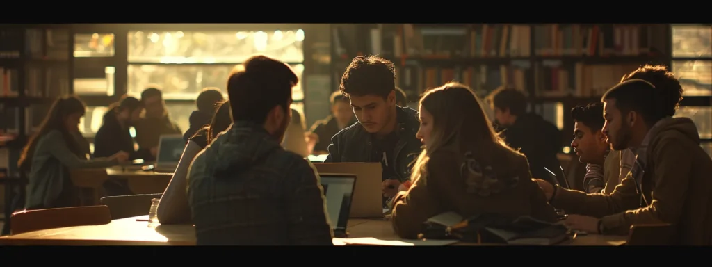 a group of students gathered around a table, collaborating and engaging in a lively study session, surrounded by laptops and textbooks.