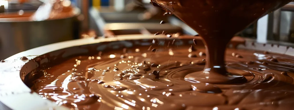 a large, industrial chocolate conching machine churns silky chocolate mixture, creating a glossy and velvety texture.