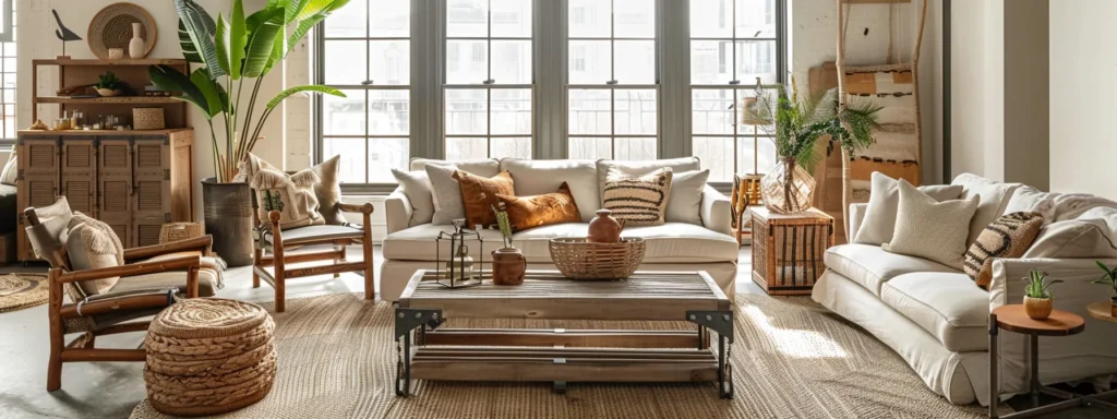 a living room decorated with responsibly sourced sustainable wood furniture, bamboo accents, recycled metal decor, cork flooring, and plenty of natural light streaming in through large windows.