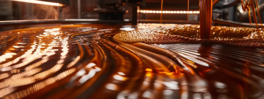 a mesmerizing display of liquid chocolate flowing smoothly through a tempering machine, creating a glossy finish with a perfect texture.