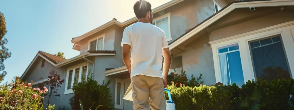 a professional painter examining a charming house exterior, discussing color options with a homeowner.