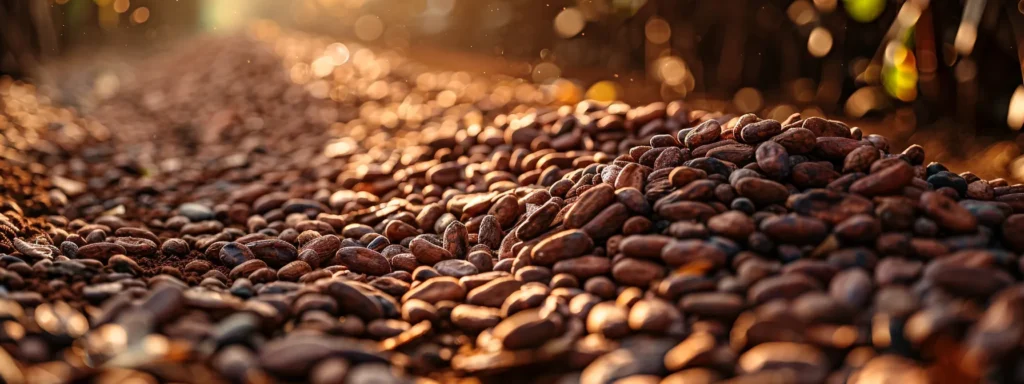 a row of rich, dark cacao beans fermenting under the sun, surrounded by small heaps of cocoa beans drying in the warm air.