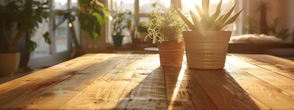 a rustic wooden table being transformed into a stylish, eco-friendly centerpiece for a sustainable interior space.