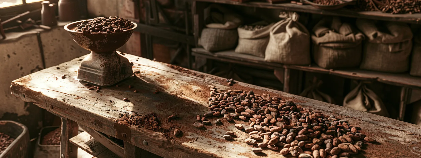 a rustic wooden table covered in cracked cocoa beans, a metal grinder, and smooth, rich chocolate bars in the making.