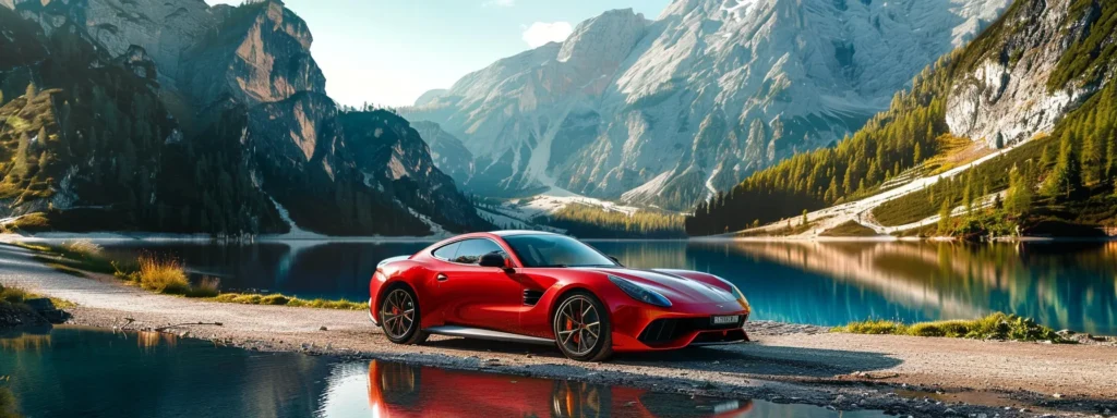 a shiny red sports car parked in front of a picturesque mountain backdrop.