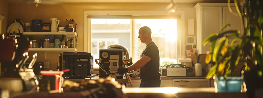 a skilled technician installing a new hvac unit in a cozy living room, surrounded by tools and equipment, with sunlight streaming in through the window.