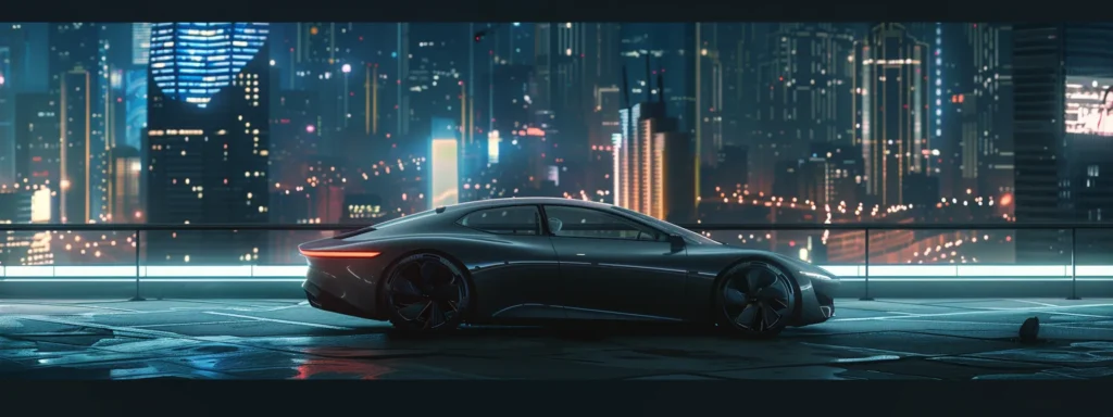 a sleek, aerodynamic car with regenerative braking technology drives through a futuristic cityscape, embodying smart features enhancing energy efficiency.