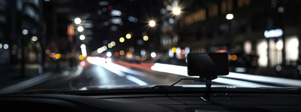 a sleek black battery-powered dash cam with wifi connectivity, featuring robust night vision capabilities, mounted securely on a car's dashboard under dim street lights, capturing a crisp, detailed image of the surroundings.