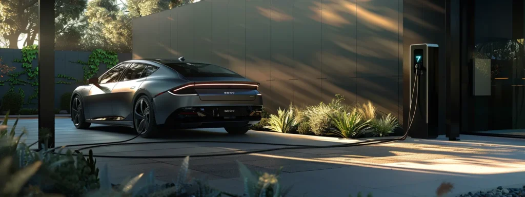 a sleek electric vehicle charging at a modern charging station, showcasing the future of energy-efficient transportation.