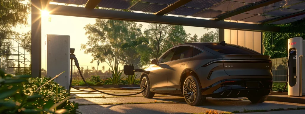 a sleek, energy-efficient vehicle recharging at a modern charging station, surrounded by green infrastructure and solar panels, capturing the intersection of government policies and automotive innovation.