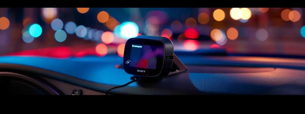 a sleek, modern dash cam with a vibrant touchscreen interface sits atop a dashboard, showcasing its advanced features and cutting-edge technology.