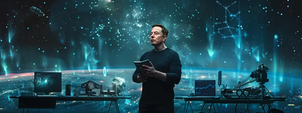 against a starry sky backdrop, elon musk stands confidently holding 'the future of humanity' book, surrounded by futuristic gadgets and blueprints in a cutting-edge lab setting.