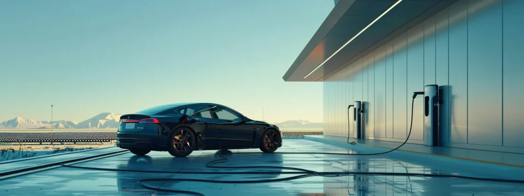 an electric car charging at a station, surrounded by solar panels under a clear blue sky, symbolizing the fusion of technology and sustainability in future transportation.