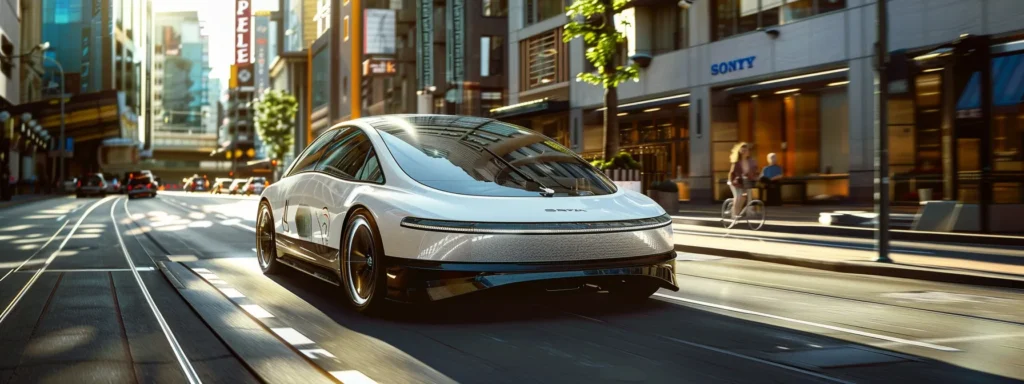 an innovative solar-powered car gliding down a futuristic urban street, showcasing the cutting-edge advancements in energy efficient automotive technology.