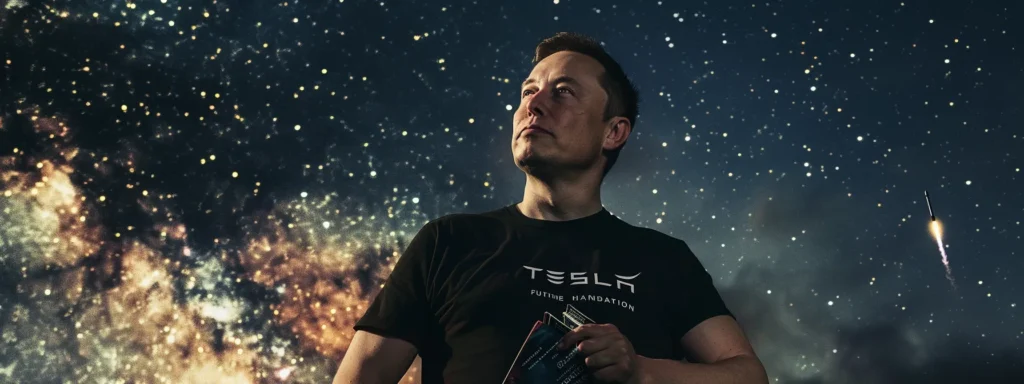 elon musk, clad in a black tesla t-shirt, stands with a confident expression against a starry night sky backdrop, holding 'the future of humanity' book, with a spacex rocket in the distance.