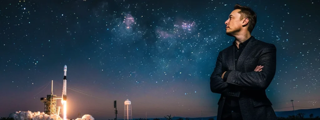 elon musk confidently stands under a starry night sky with a spacex rocket in the distance, holding a hardcover book titled 'the future of humanity'.