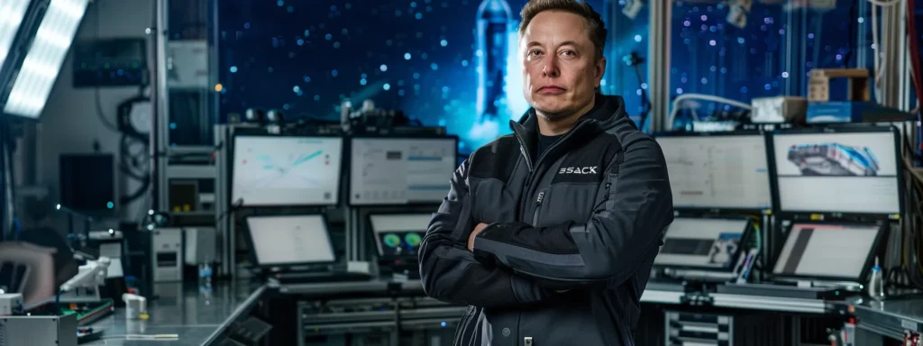 elon musk stands confidently in a futuristic lab, surrounded by blueprints and gadgets, with a spacex rocket visible in the starry night sky behind him.