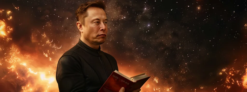 elon musk, surrounded by futuristic technology and a starry night sky backdrop, holds a book titled 'the future of humanity' with a confident and thoughtful expression.